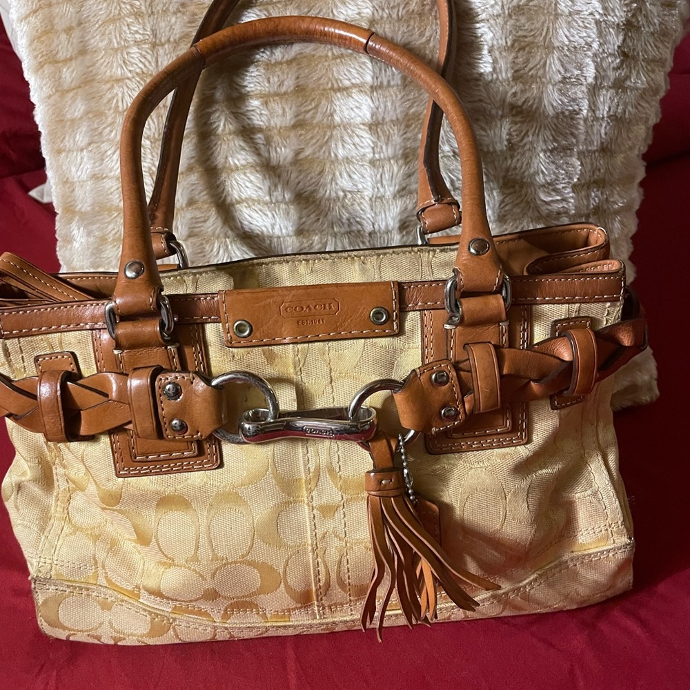 Classic Coach hand bag 7x13 canvas and leather yellow